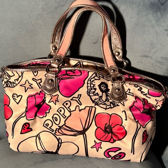 Coach Poppy Beige Floral Satin Metallic Leather Shoulder Bag L1071-16306 - Picture 2 of 12